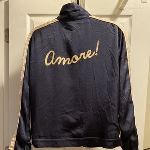 Capulet navy satin bomber jacket “amore” logo